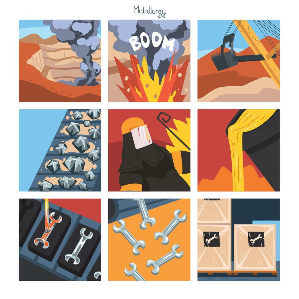 Metallurgical Industry Concept Set, Iron Ore Mining Quarry, Steel and Alloys Production, Mining and Metal Extraction Illustration vector