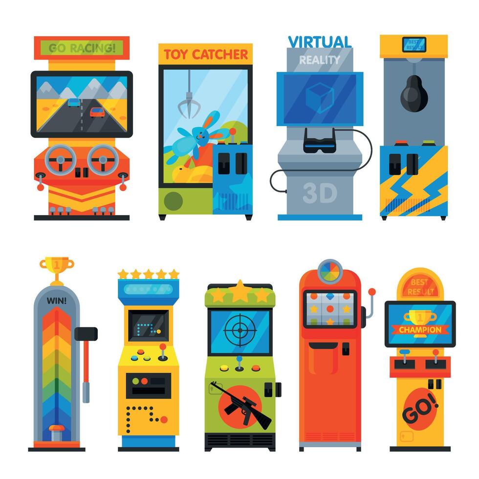 Arcade Game Machines Collection, Amusement Gaming Machinery Illustration vector
