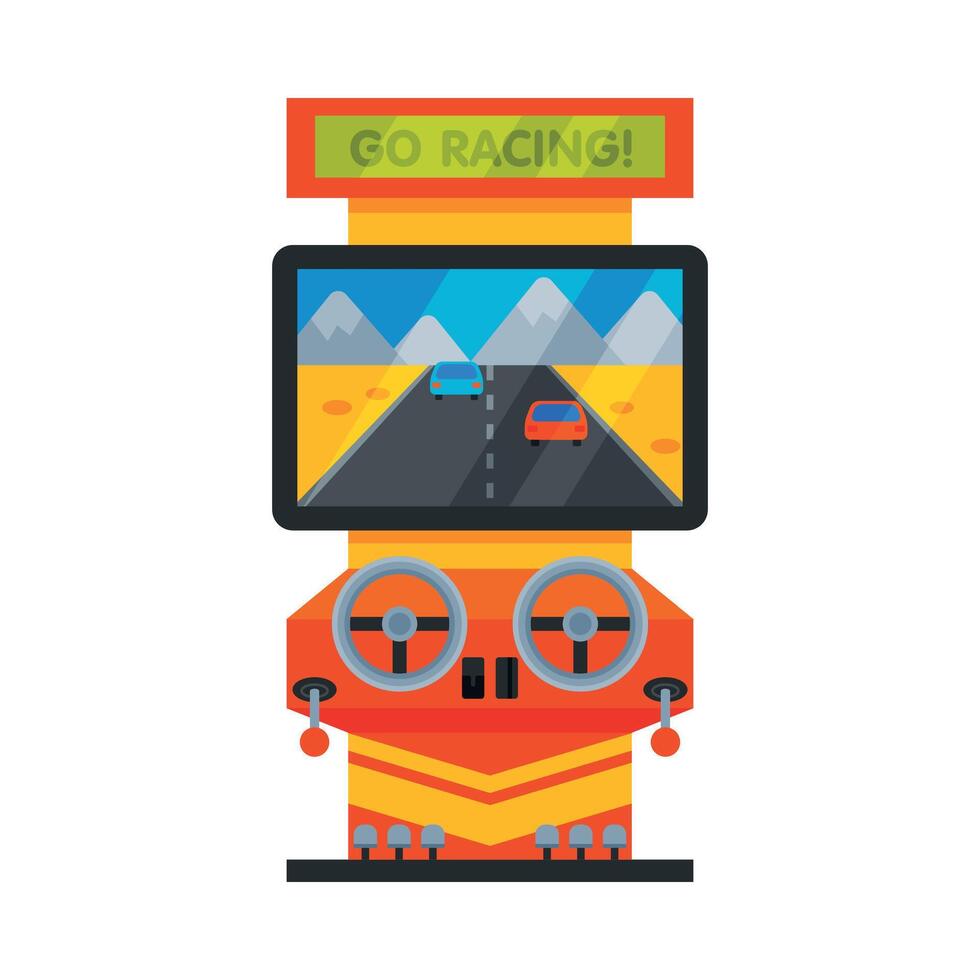 Retro Racing Car Arcade Game Machine with Steering Wheels, Gaming Machinery Illustration vector