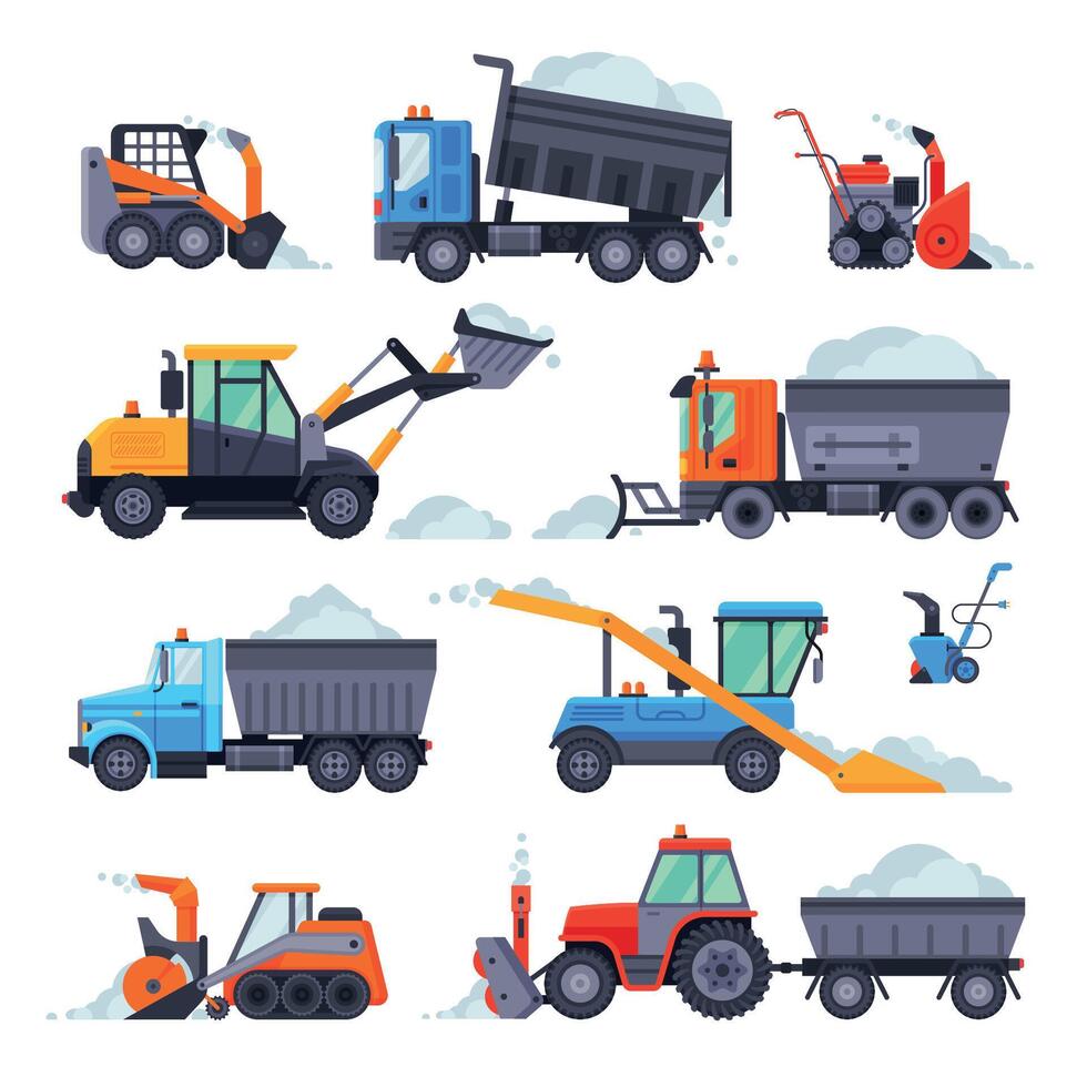 Winter Snow Removal Machines Collection, Cleaning Road Snowblower, Snow Plow Vehicles Illustration vector