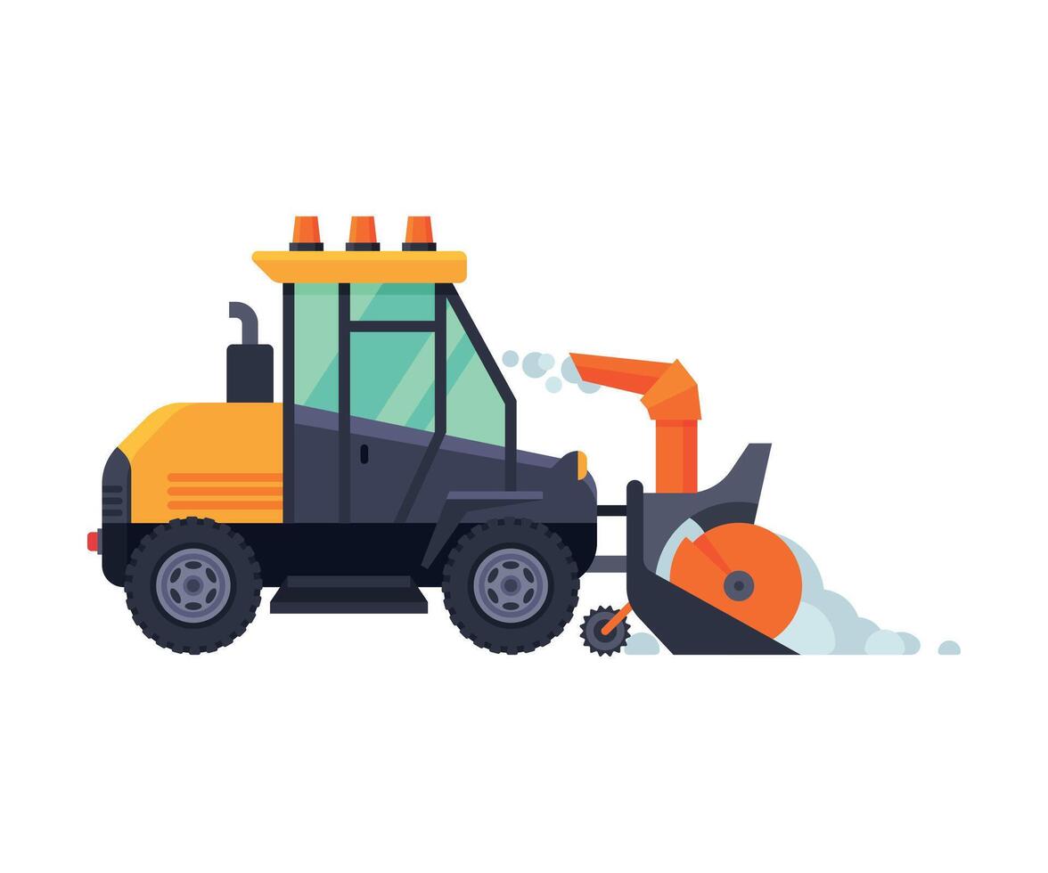 Snow Plow Tractor, Winter Snow Removal Machine, Cleaning Road Snowblower Vehicle Illustration vector