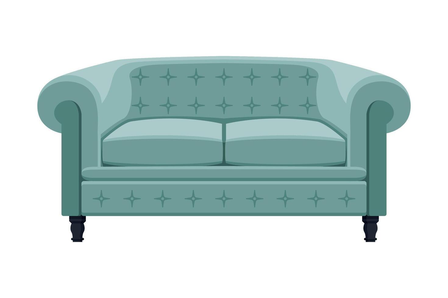 Comfortable Sofa, Cushioned Cozy Domestic or Office Furniture with Turquoise Upholstery, Retro Interior Design Element Flat Illustration vector