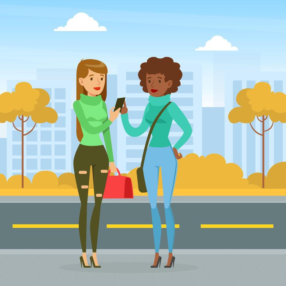 Meeting of Two Friends, Two Girls Walking and Chatting on City Street, Best Friends Forever, Female Friendship Concept Cartoon Illustration vector