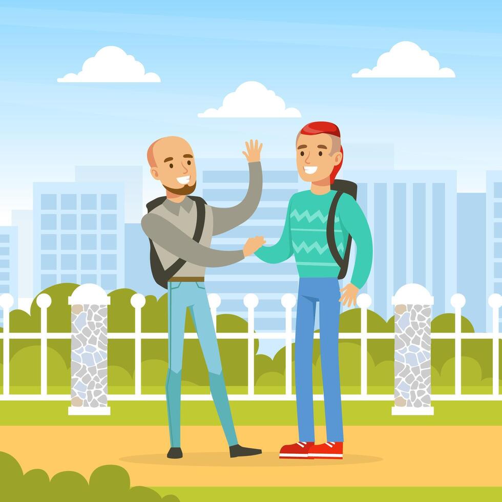 Meeting of Two Friends, Best Friends Forever, Two Guys Shaking Hands, Male Friendship Concept Cartoon Illustration vector