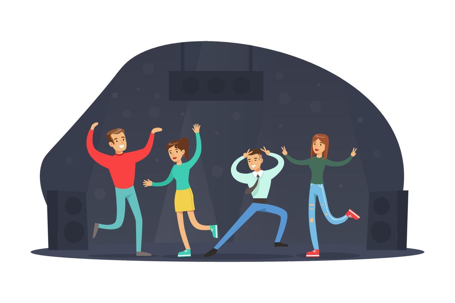 Happy Friends Dancing at Party. Young Men and Women Spending Time Together at Night Concept Cartoon Illustration vector
