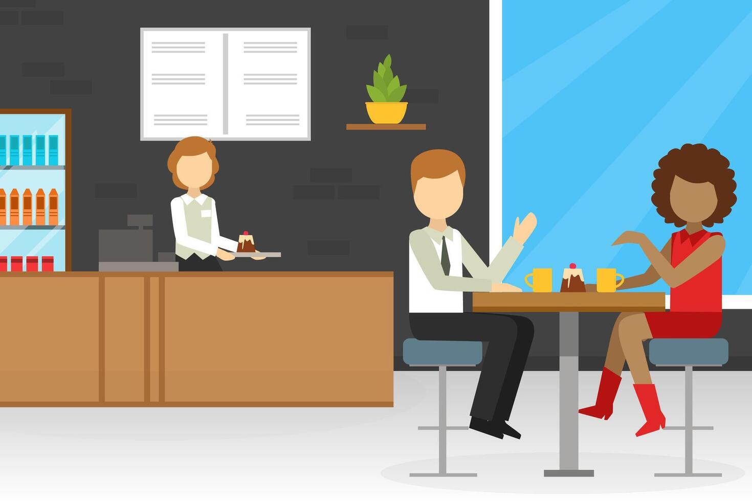 Couple Eating Desserts and Communicating in Cafe, Cafeteria, Confectionery Interior Cartoon Illustration vector