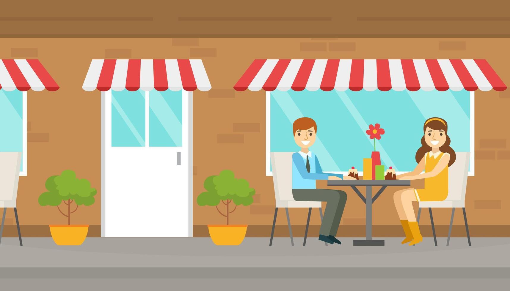 Couple on Romantic Date, Smiling Young Man and Woman Sitting at Table and Eating Desserts in Outdoor Cafe at Summer Time Cartoon Illustration vector
