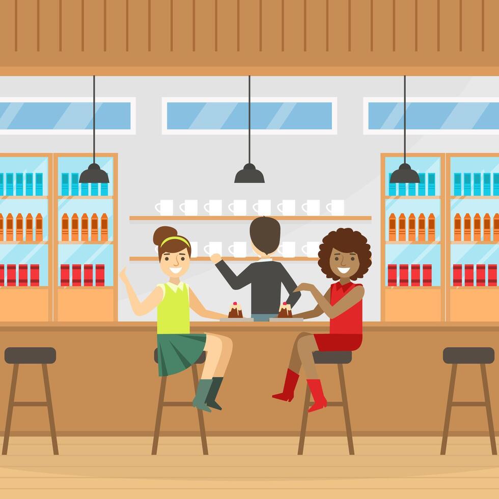 Two Smiling Woman Sitting at Bar Counter, Eating Desserts and Chatting, Meeting of Friends or Colleagues, Cafe Interior Cartoon Illustration vector
