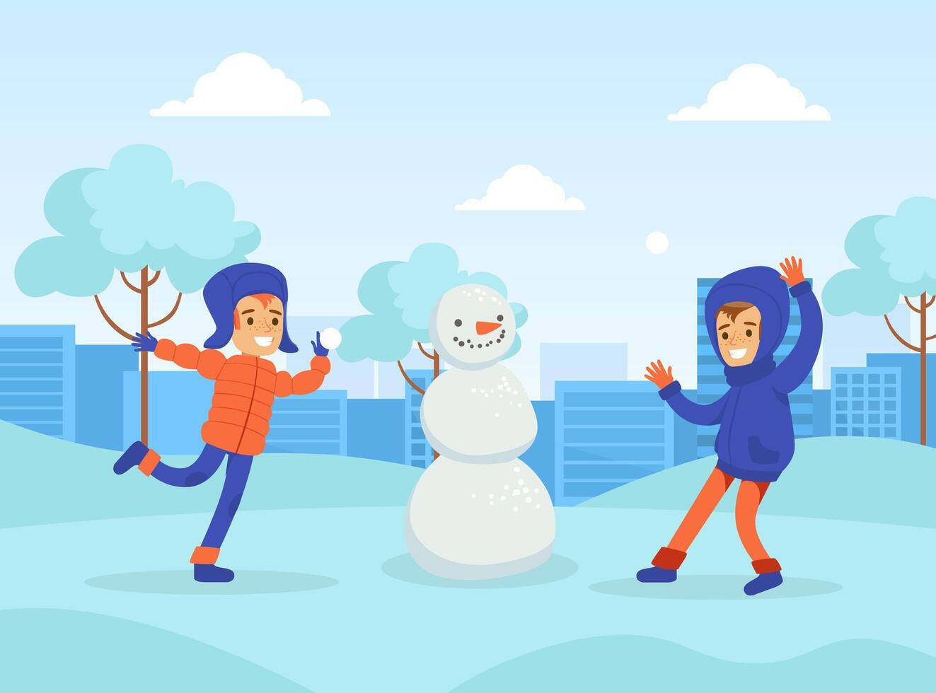 Happy Boys Making Snowman and Playing Snowballs in the Park, Winter Sports Outdoor Activity Cartoon Illustration vector