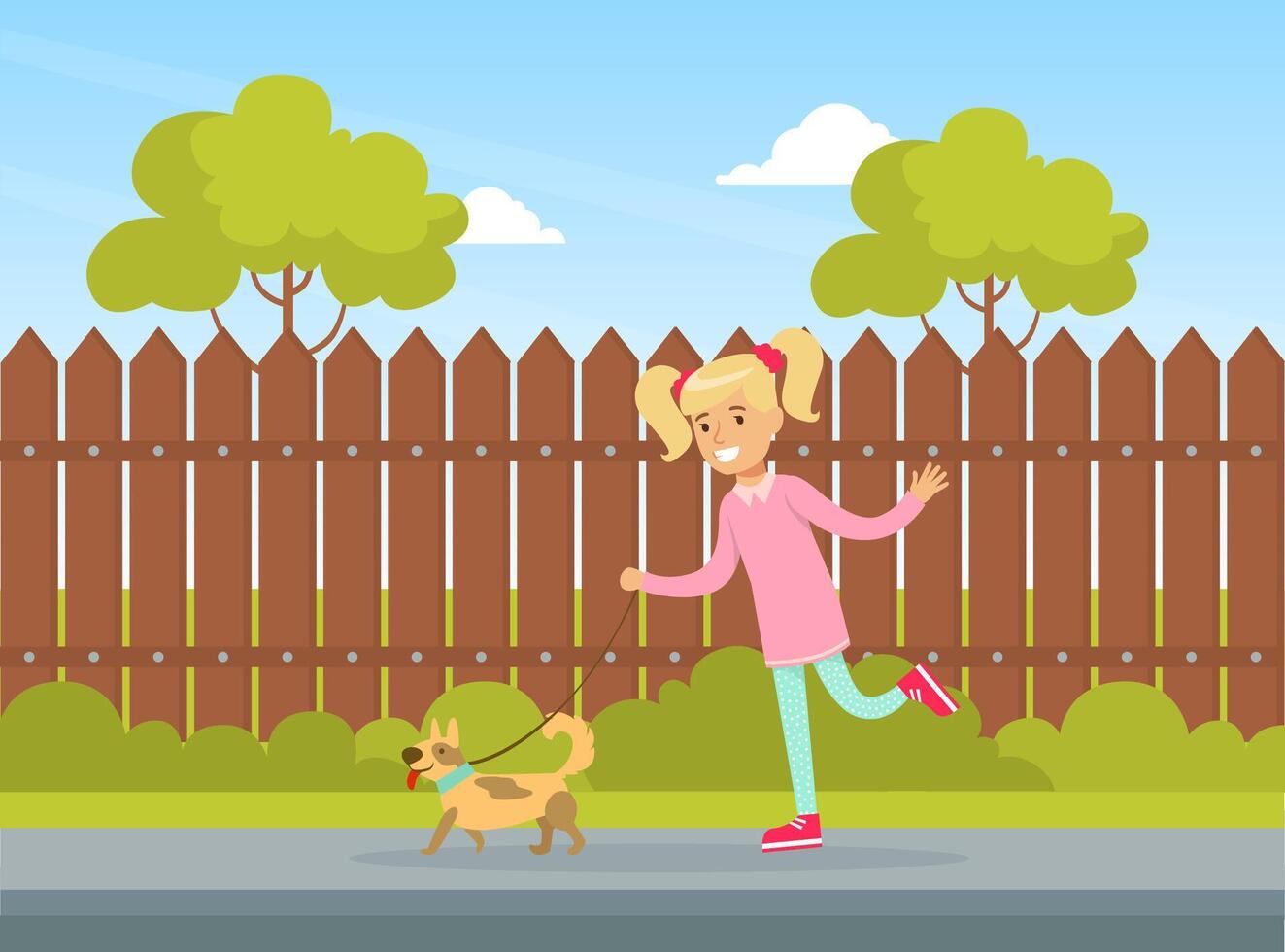 Cute Girl Walking with Dog Outdoor, Kid Summer Outdoor Activity Cartoon Illustration vector