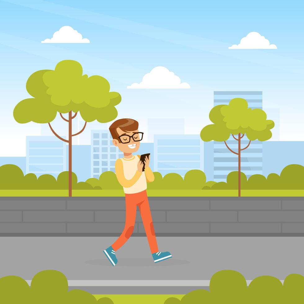 Cute Boy Walking with Smartphone in Summer Park Outdoor Cartoon Illustration vector