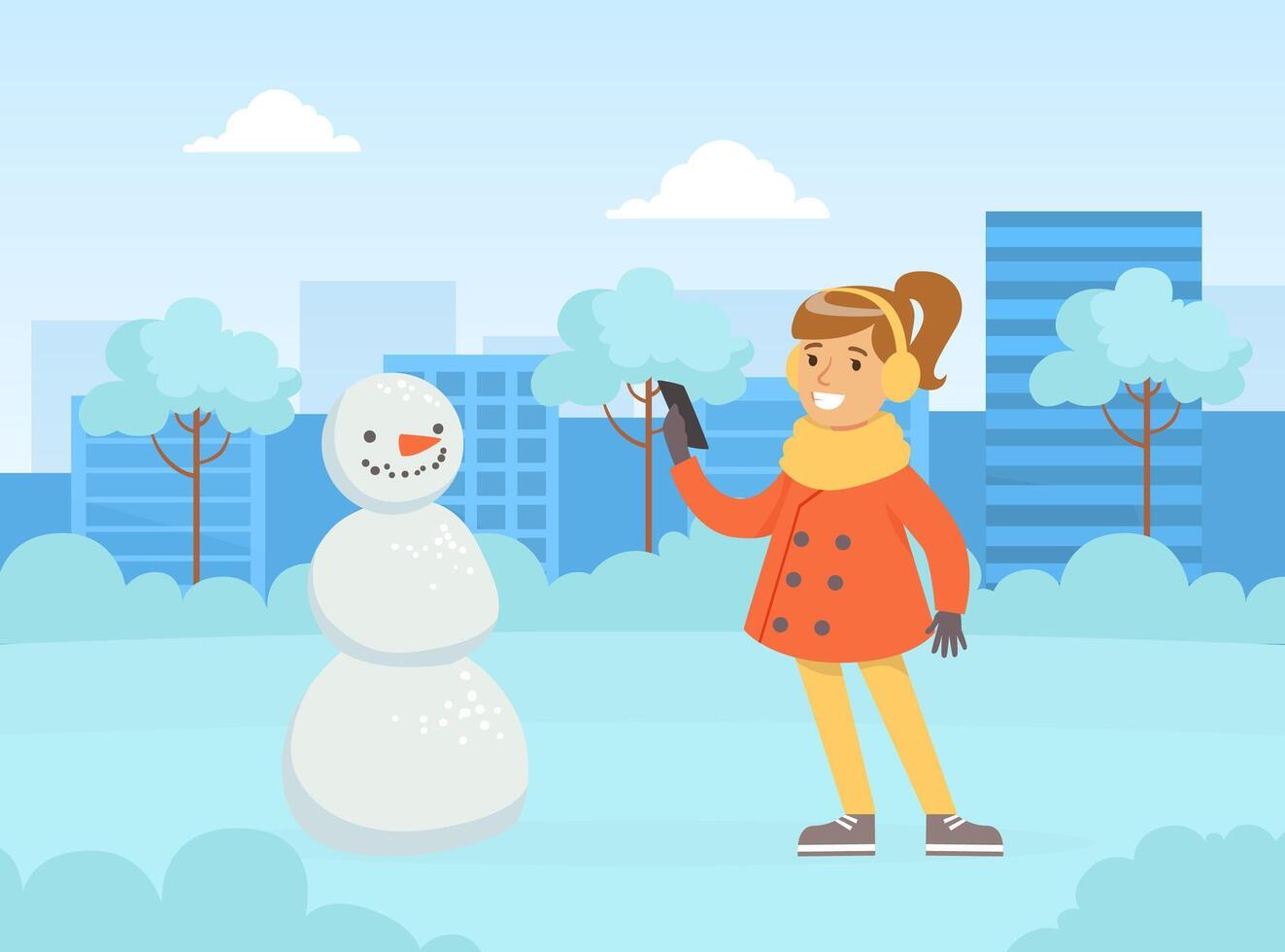 Cute Girl Making Snowman and Taking Photo of it in the Park, Winter Sports Outdoor Activity Cartoon Illustration vector