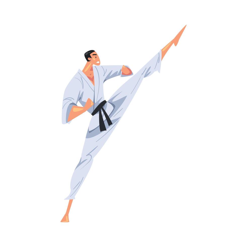 Man Karateka Doing High Leg Kick, Male Karate Fighter Character in White Kimono Practicing Traditional Japan Martial Art Cartoon Style Illustration vector