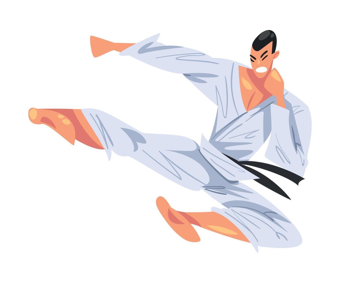 Man Jumping Side Kick, Male Karate Fighter Character in White Kimono Practicing Traditional Japan Martial Art Cartoon Style Illustration vector