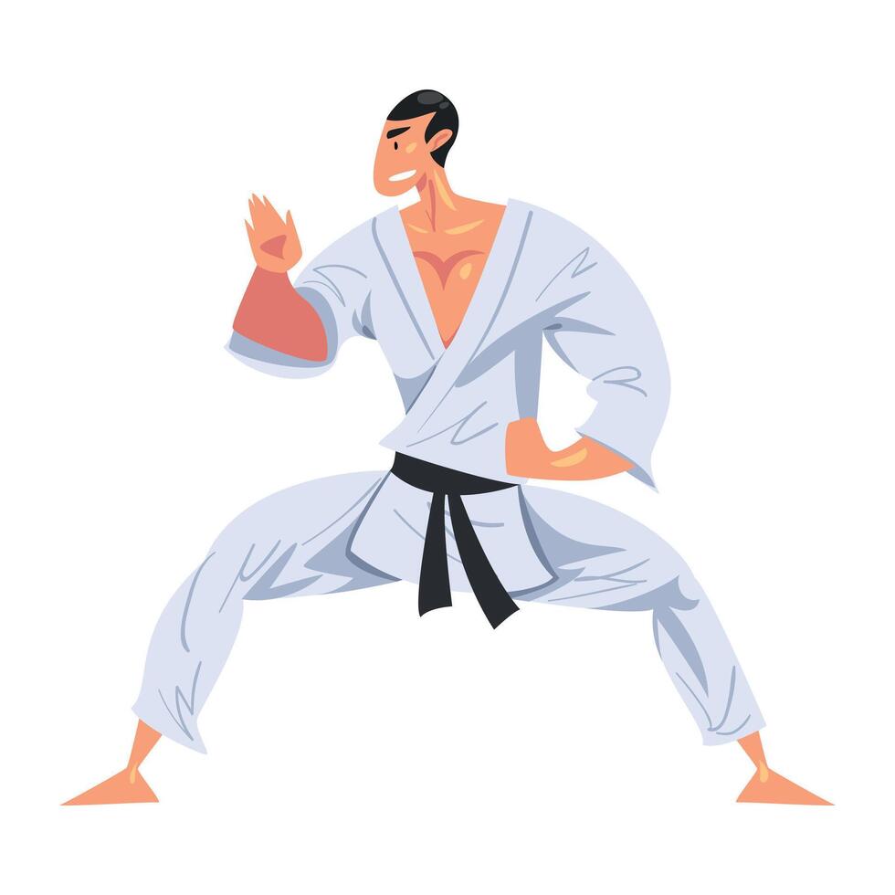 Man Karateka Standing in Fighting Stance, Male Karate Fighter Character in White Kimono Practicing Traditional Japan Martial Art Cartoon Style Illustration vector