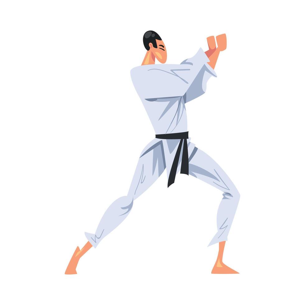 Man Karate Fighter Character in White Kimono Practicing Traditional Japan Martial Art Cartoon Style Illustration vector
