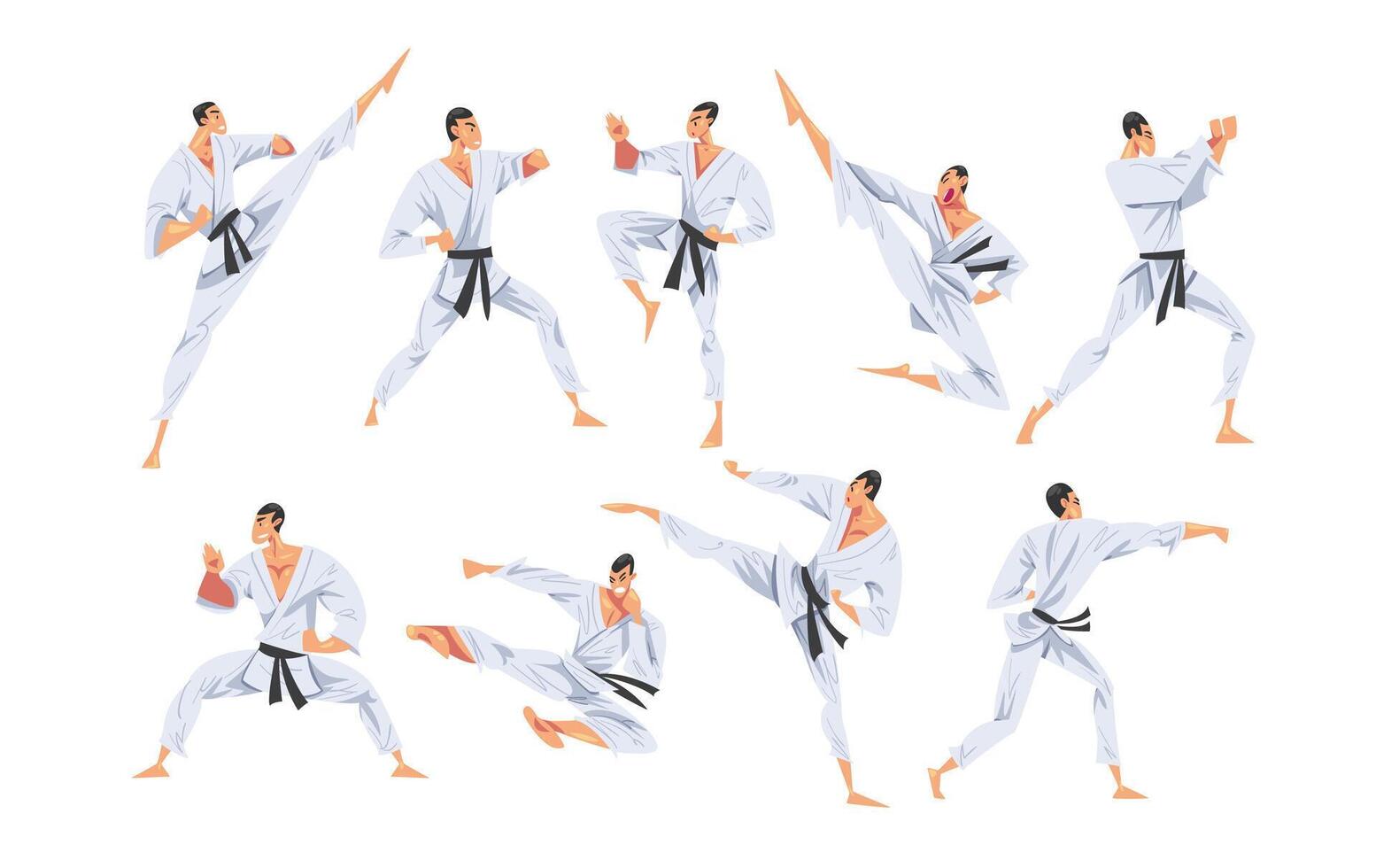 Man Doing Karate in Various Poses Set, Male Fighter Character in White Kimono Practicing Traditional Japan Martial Art Cartoon Style Illustration vector