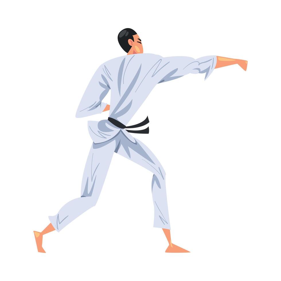 Man Karateka Doing Karate, Male Fighter Character in White Kimono Practicing Traditional Japan Martial Art Cartoon Style Illustration vector