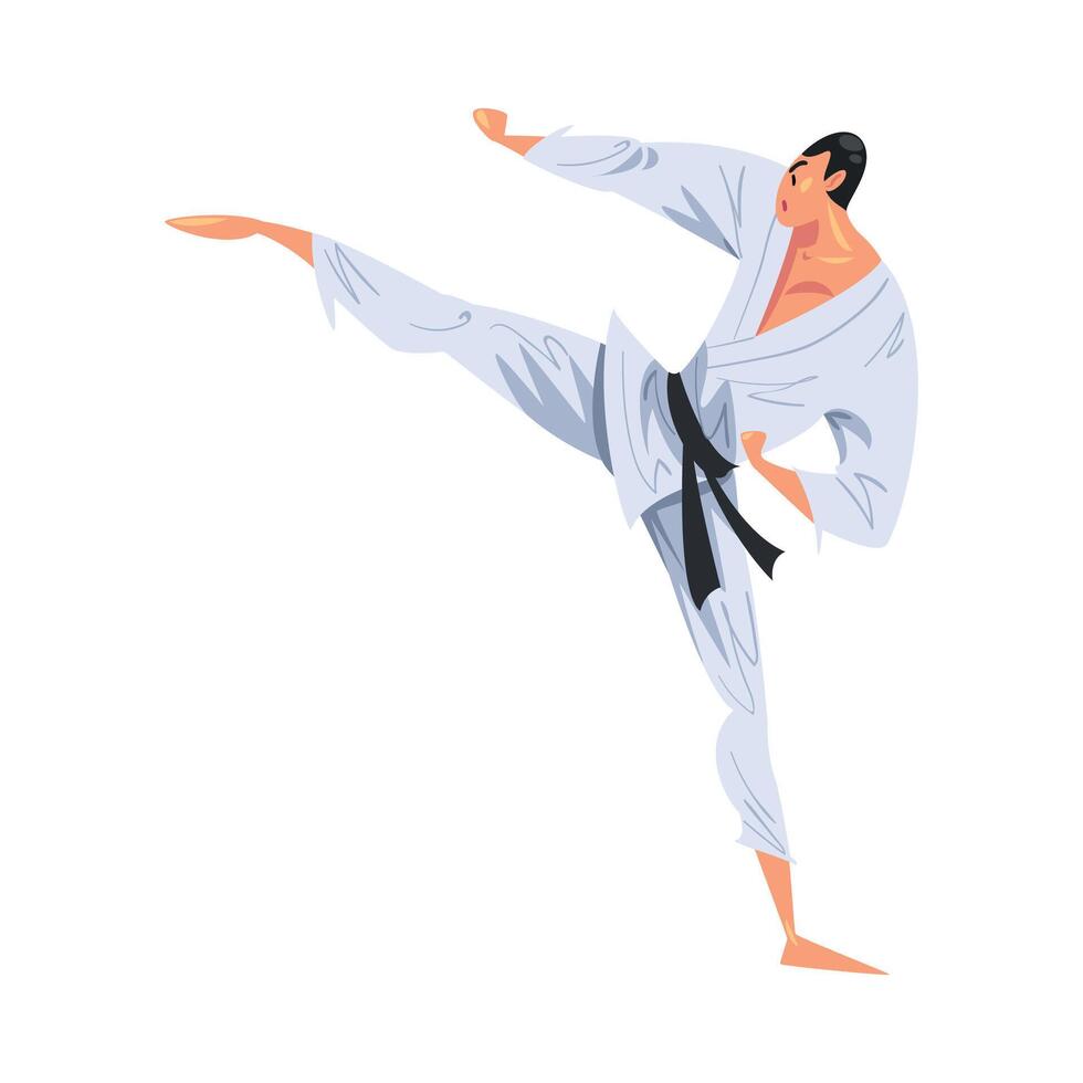 Man Karateka Doing Side Leg Kick, Male Karate Fighter Character in White Kimono Practicing Traditional Japan Martial Art Cartoon Style Illustration vector