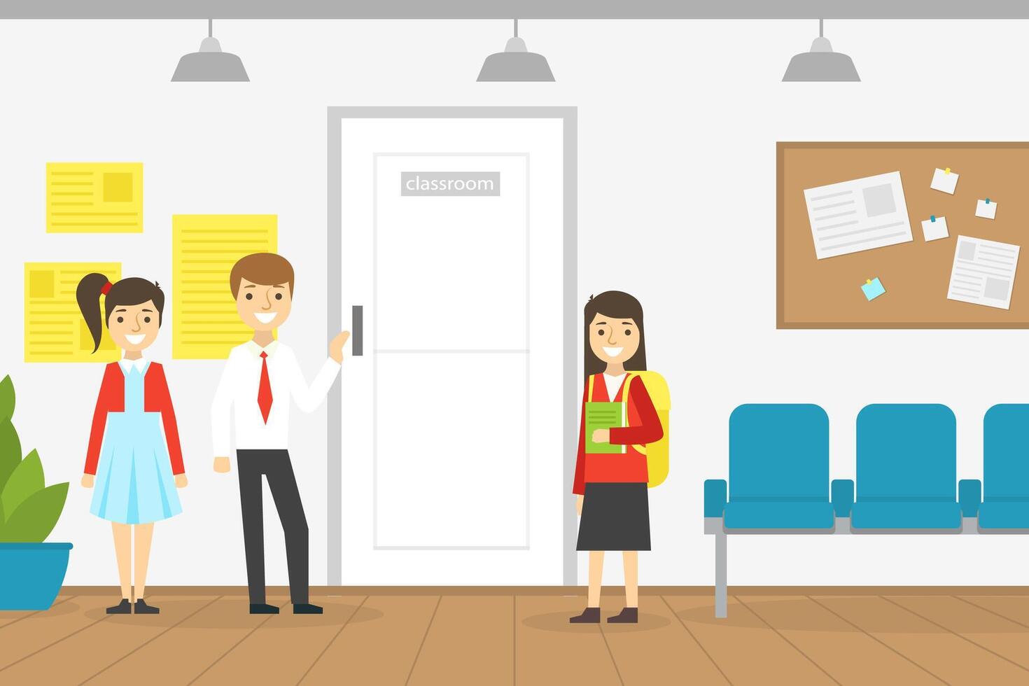 Cute Pupils Standing at Closed Classroom Door, School Interior, Back to School Concept Cartoon Illustration vector