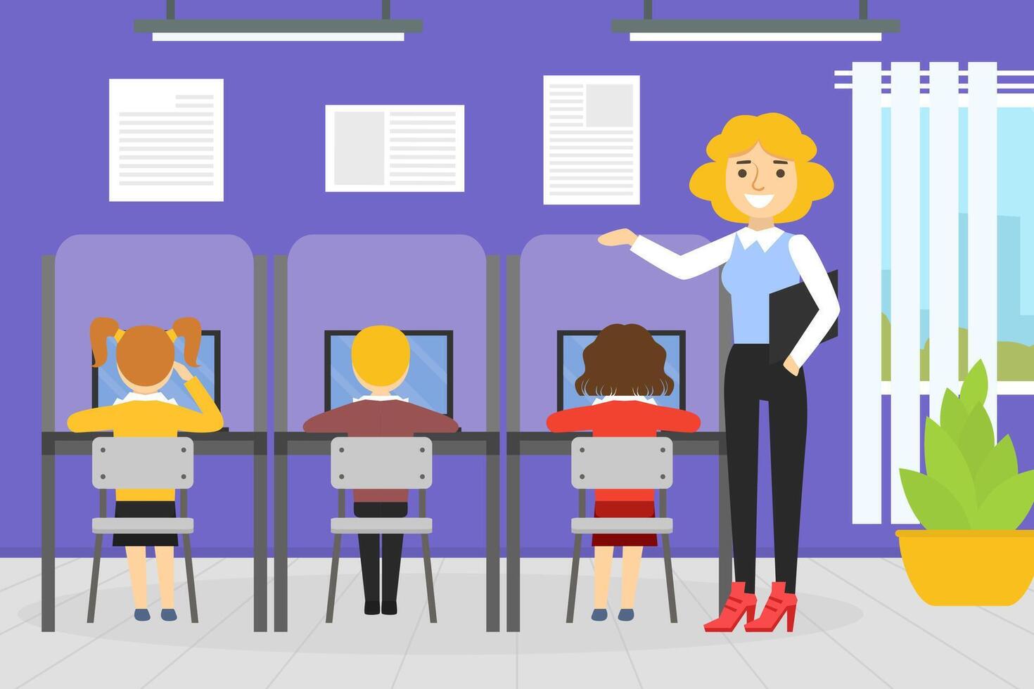 Elementary School Students Studying in Classroom, Teacher Explaining Lesson, Education, Back to School Concept Cartoon Illustration vector