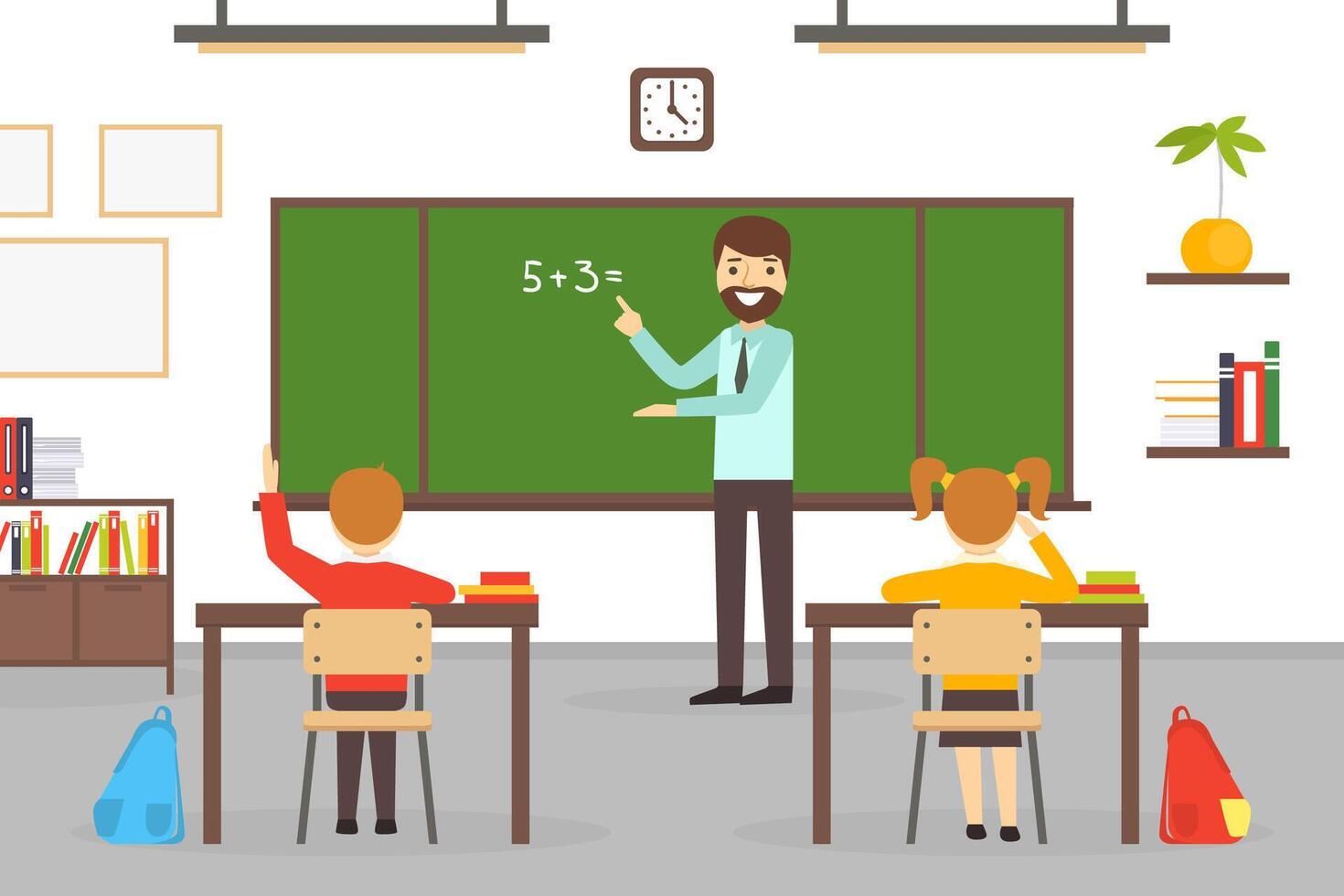 Elementary School Students Studying in Classroom, Cheerful Male Teacher Explaining Math Lesson, Education, Back to School Concept Cartoon Illustration vector