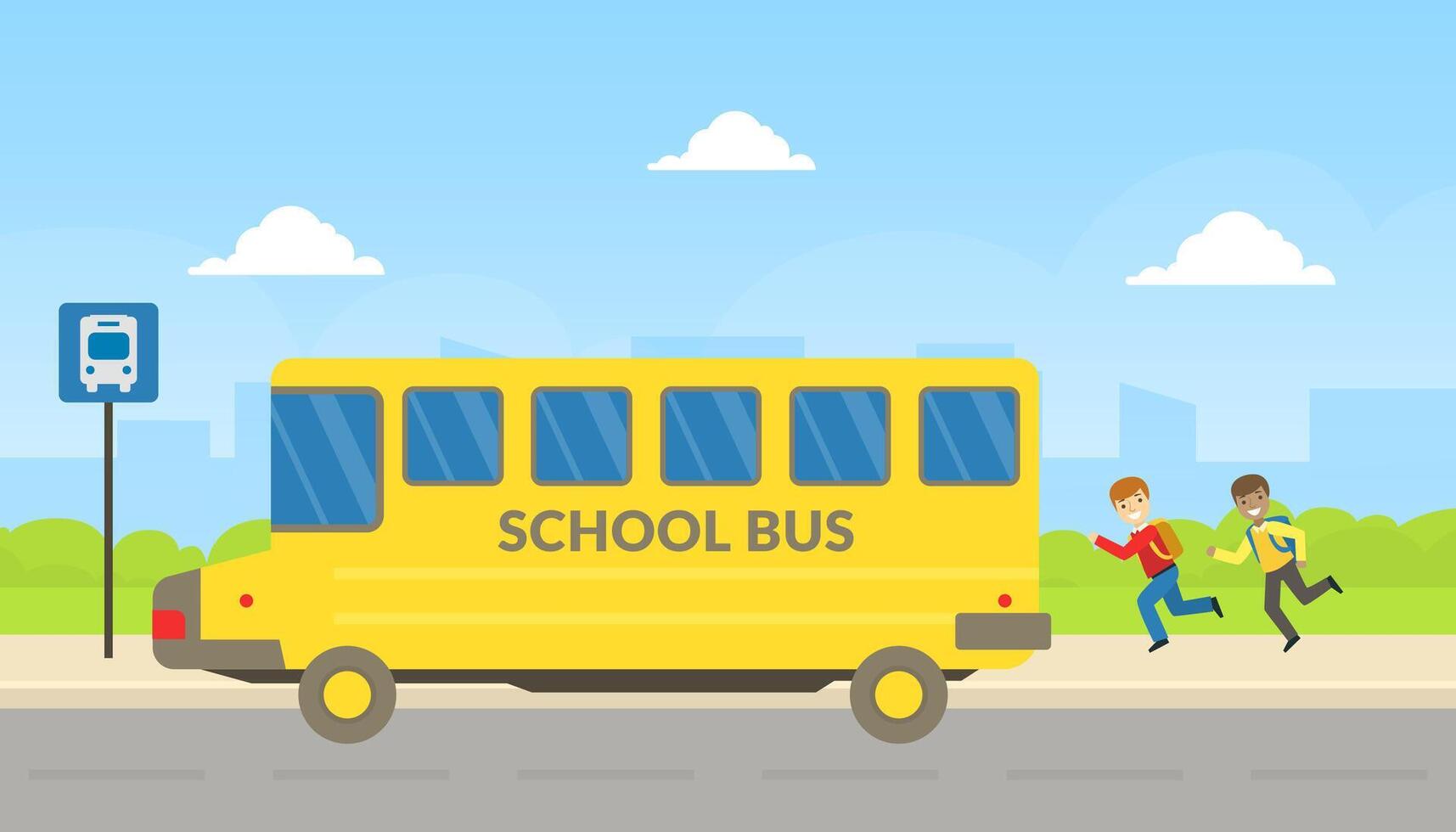 School Boys Running to Yellow School Bus at Bus Stop Cartoon Illustration vector