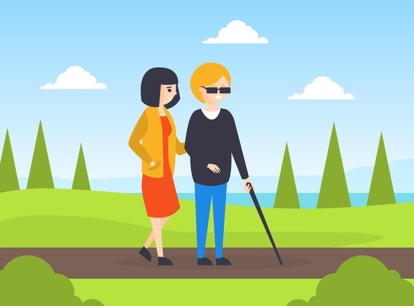 Woman Helping to Blind Woman to Walk, Disabled Person and Volunteer or Friend Helping Her Cartoon Illustration vector
