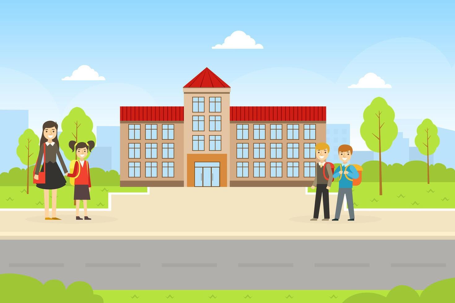 School Building and Front Yard with Cheerful Students and Parent, Back to School Concept Cartoon Illustration vector