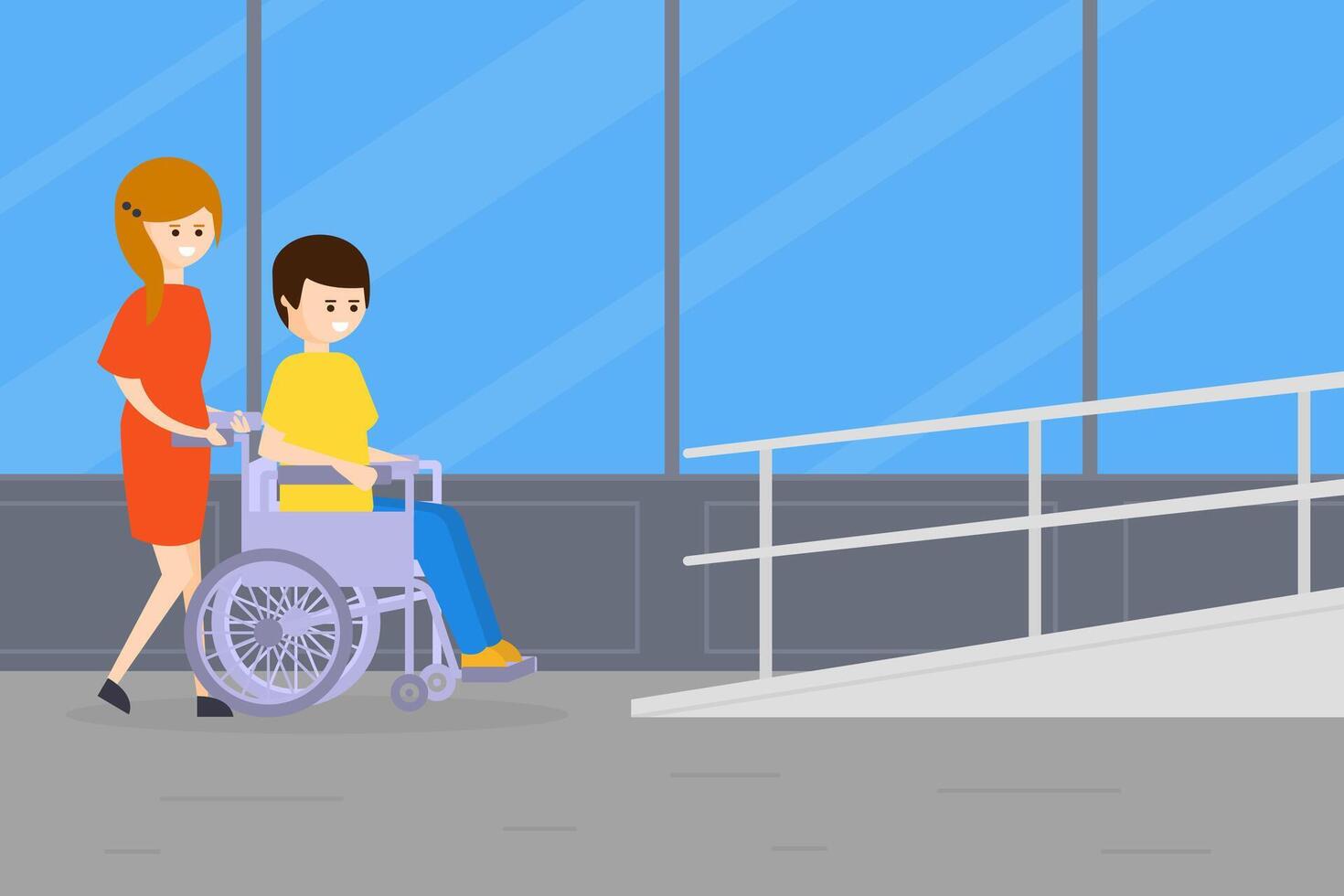 Woman Strolling with Disabled Man in Wheelchair, Handicapped Person and Volunteer or Friend Helping Him Illustration vector