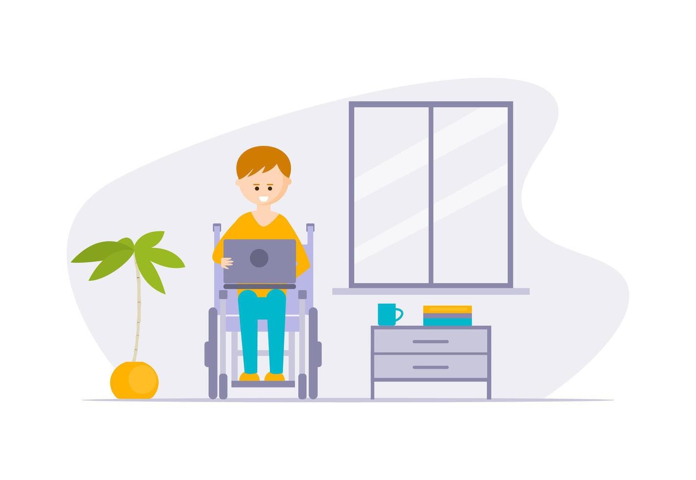 Young Disabled Man in Wheelchair Using Laptop Computer at Home Cartoon Illustration vector