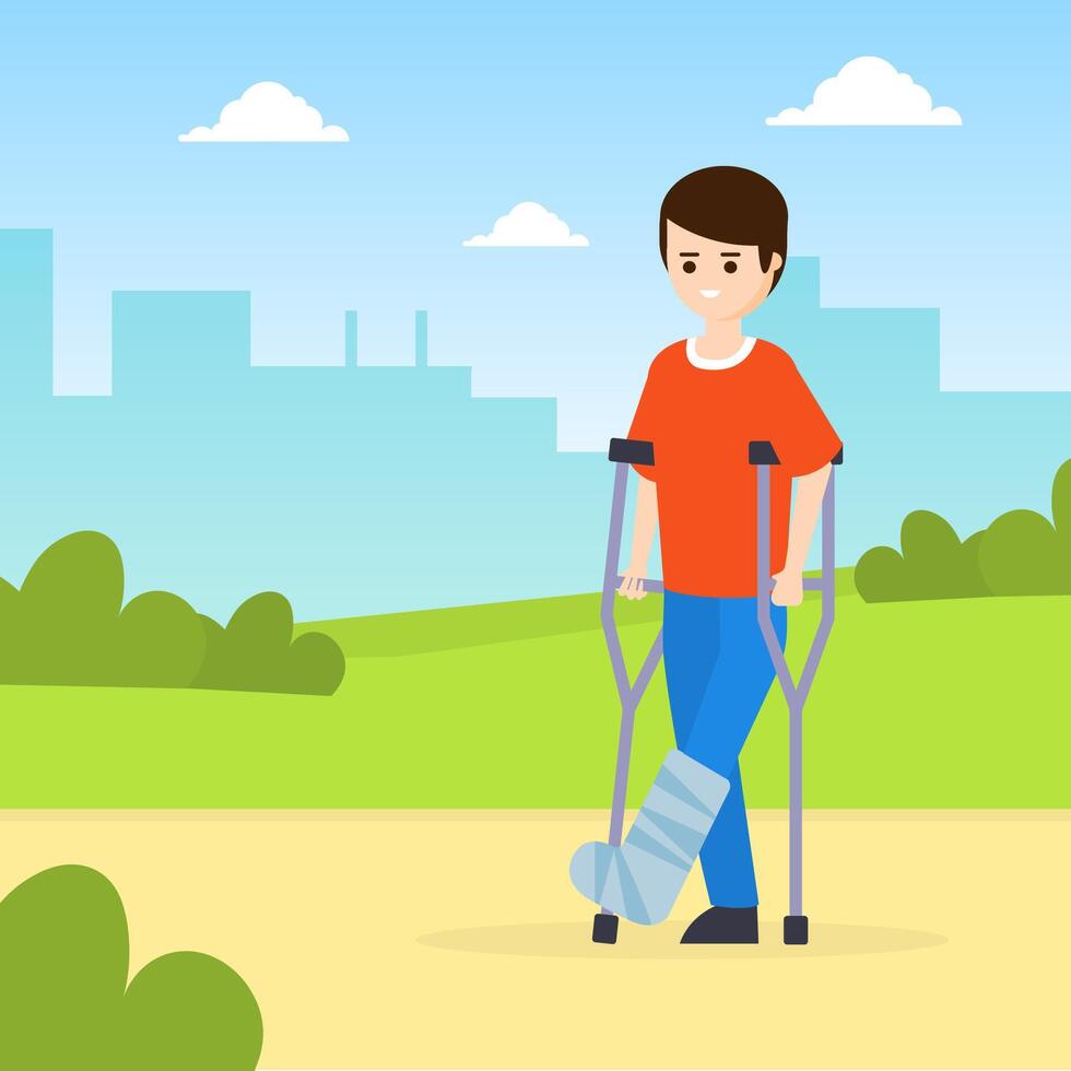 Man on Crutches with Broken Leg Walking in Park Outdoors Cartoon Illustration vector