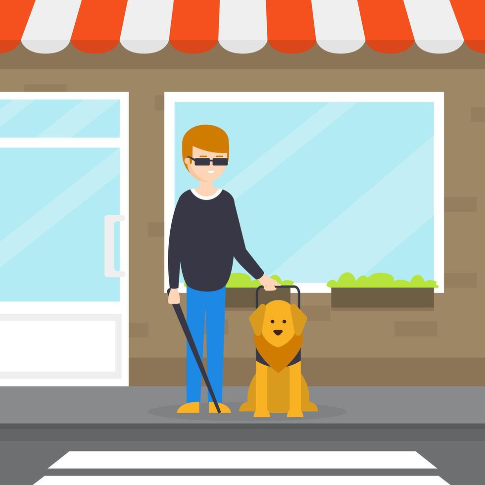 Seeing Eye Dog Guiding a Blind Man, Dog Companion and its Owner on Walk Cartoon Illustration vector
