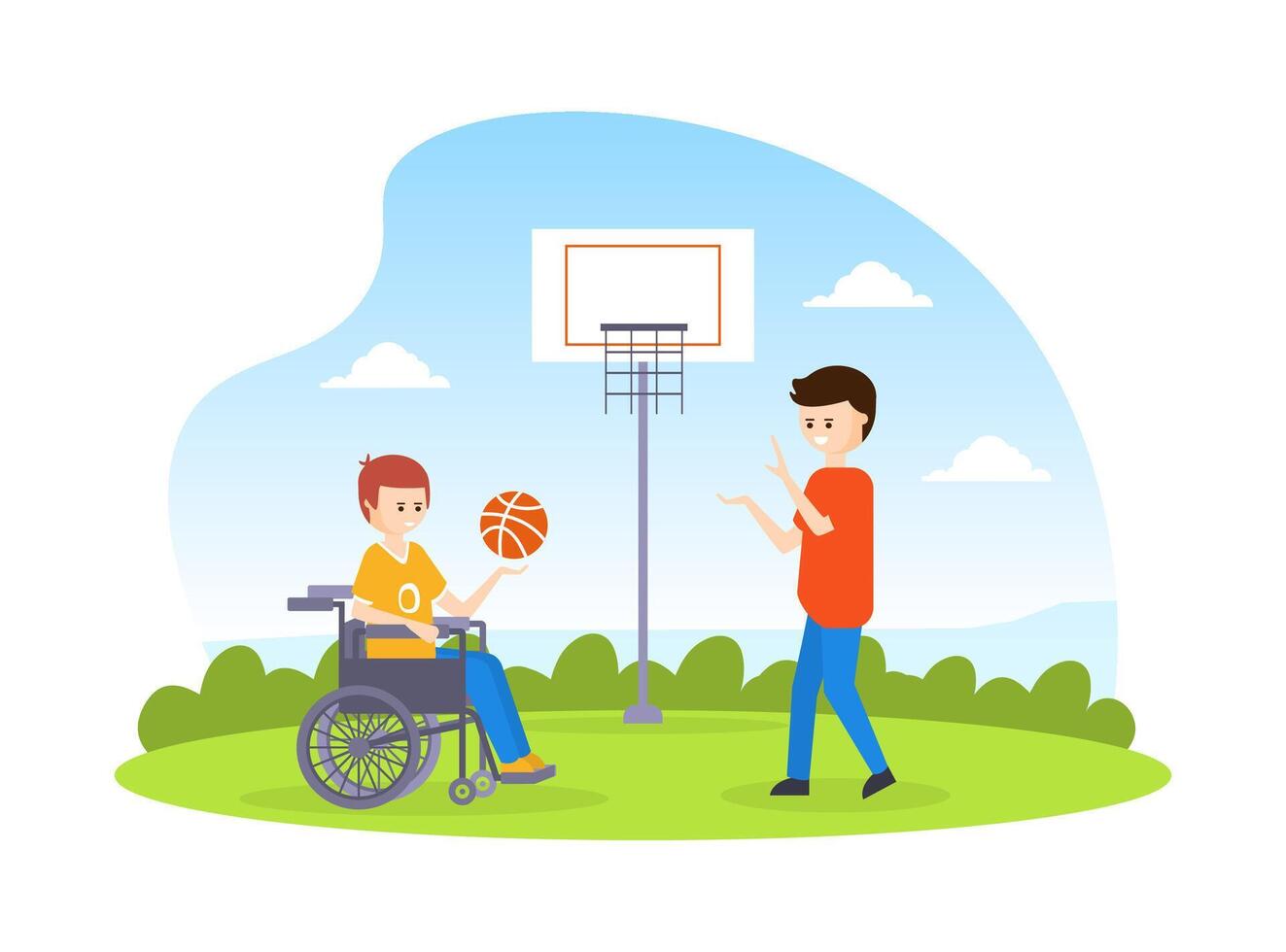 Disabled Basketball Player with Prosthesic Leg Playing Basketball with His Friend, Handicapped Person Doing Sports Outdoors Cartoon Illustration vector