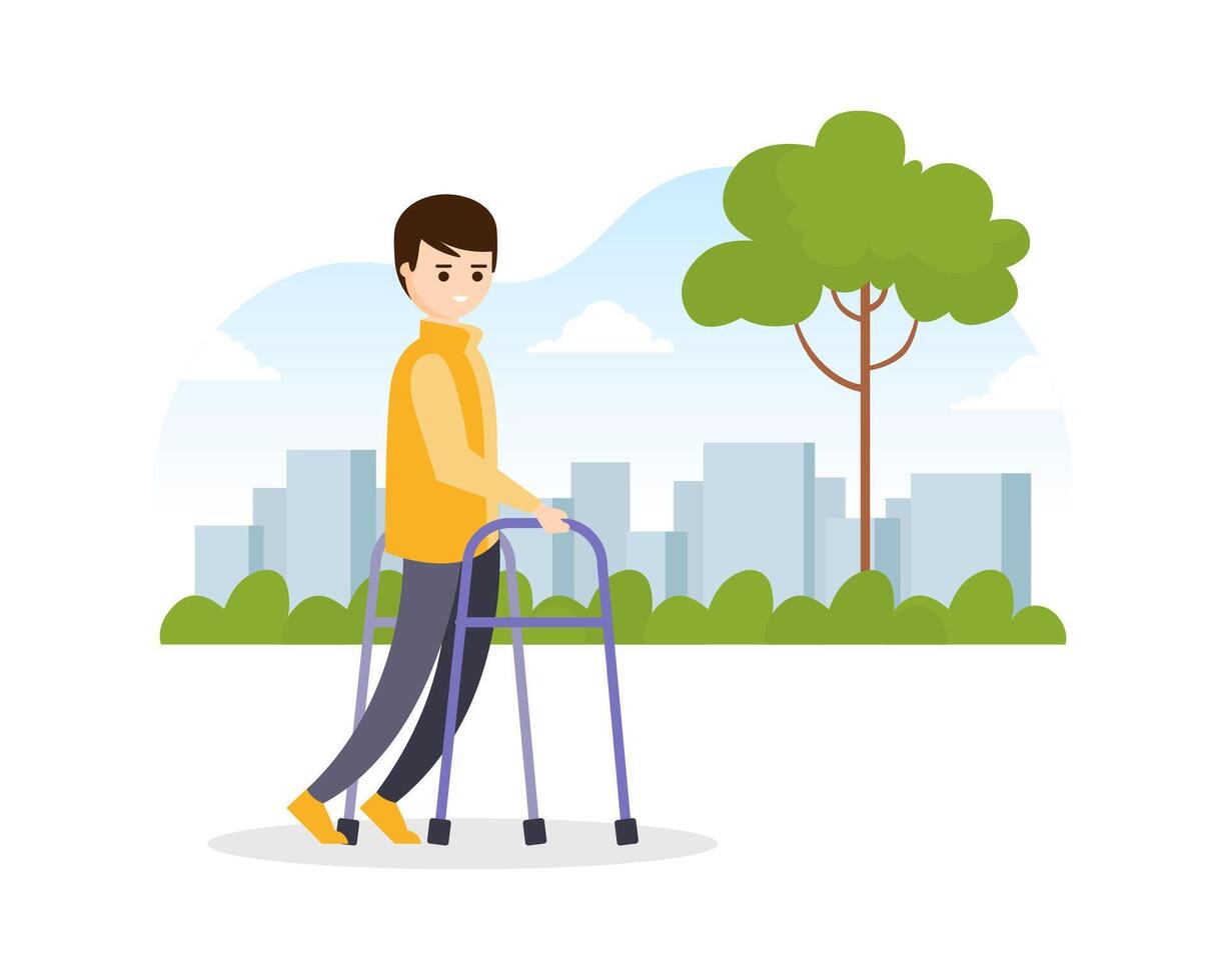 Young Man Using Walkers while Walking on the Street, Disabled Person Strolling in Park Cartoon Illustration vector