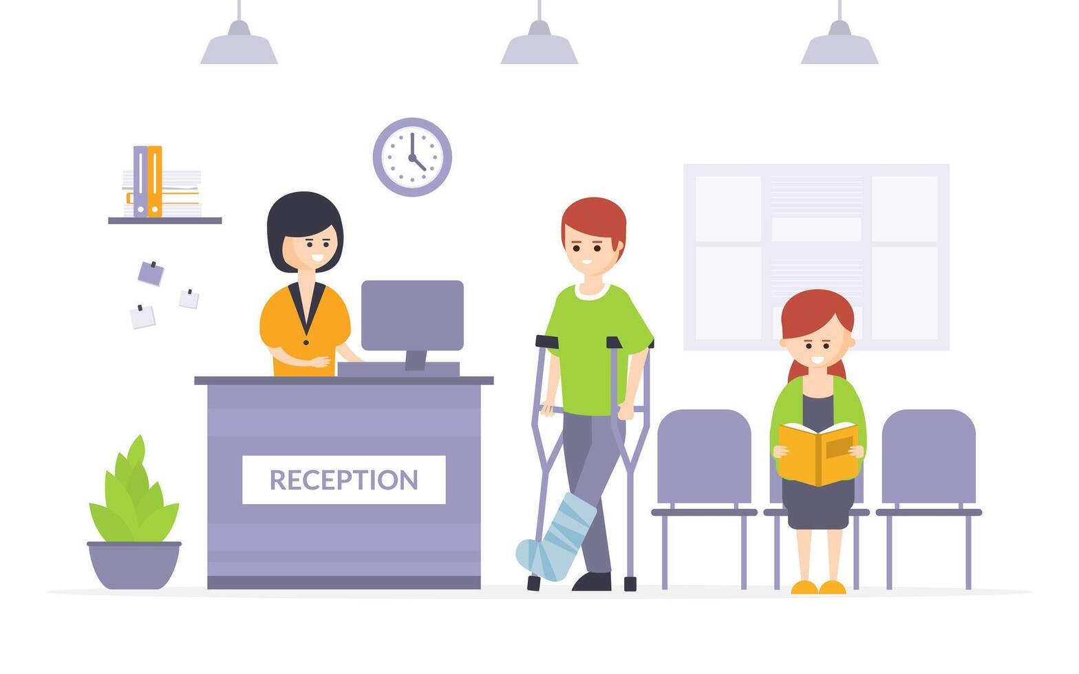 Hospital Reception, Patients and Disabled People Waiting for doctor in Modern Clinic Hall Cartoon Illustration vector