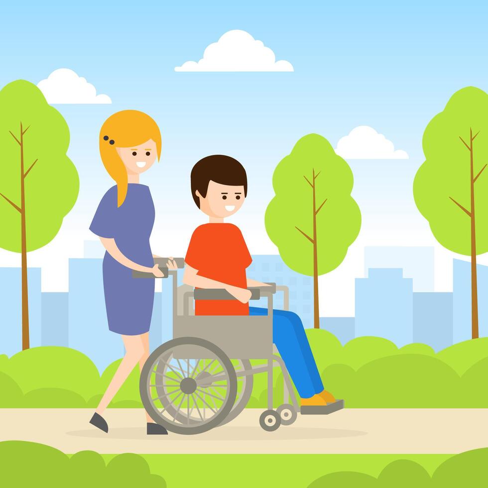 Young Woman Strolling with Disabled Man in Wheelchair, Handicapped Person and Volunteer or Friend Helping Him Cartoon Illustration vector