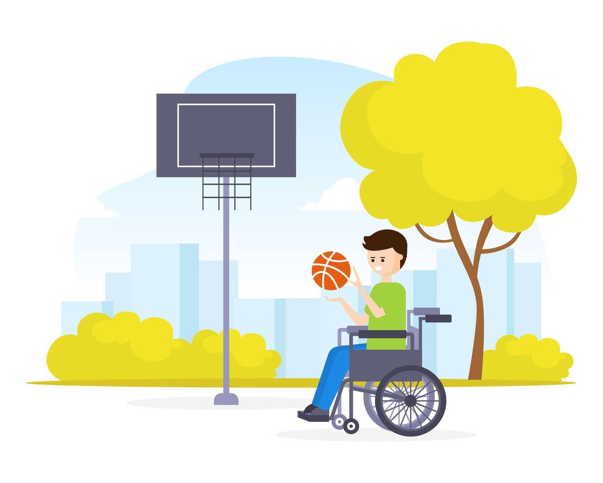 Young Disabled Man in Wheelchair Playing Basketball Outdoors, Healthcare Assistance and Accessibility Concept Cartoon Illustration vector