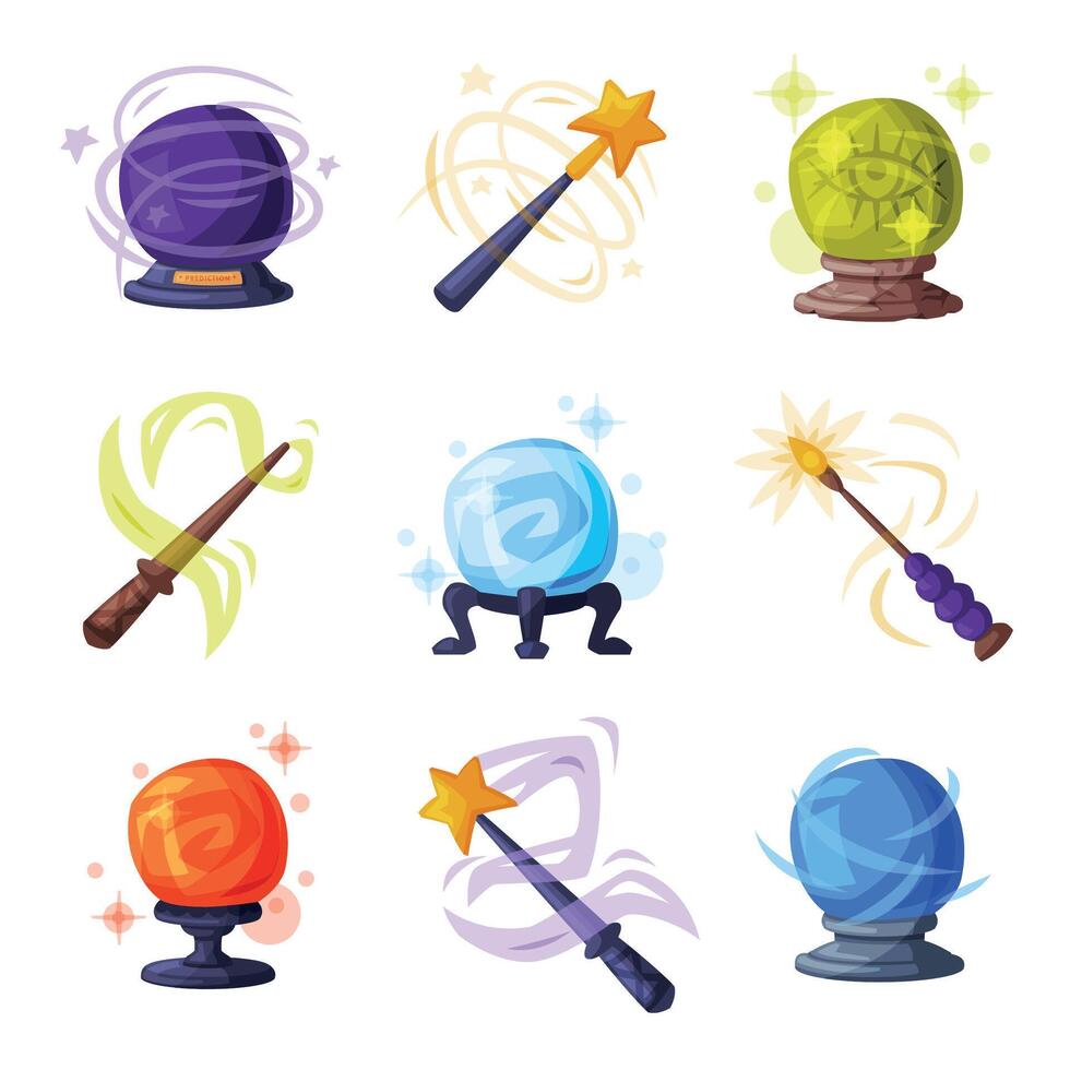Magic Wands and Balls with Shiny Sparkles Set, Occult Magic Objects for Mystic Rituals Cartoon Style Illustration vector