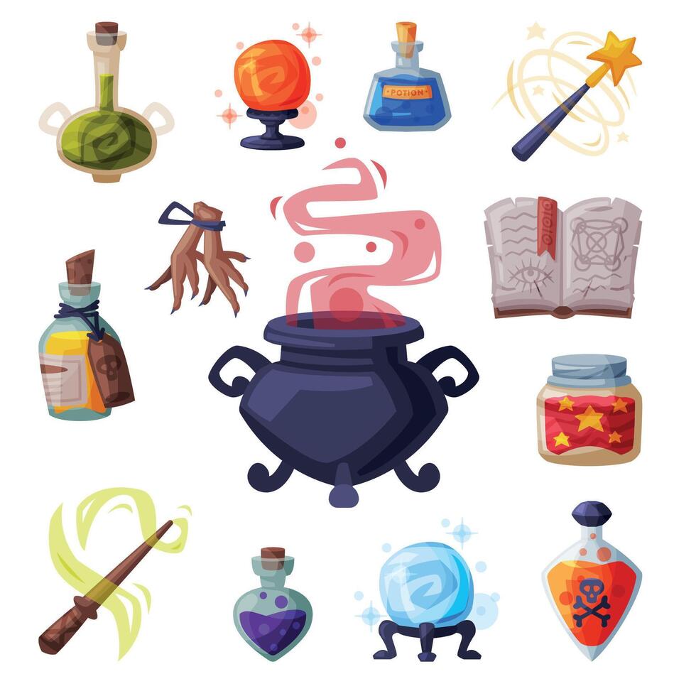 Collection of Occult Magic Objects for Mystic Rituals, Witchcraft Equipment, Cauldron, Book, Bottle of Magical Potion, Wand, Cartoon Style Illustration vector