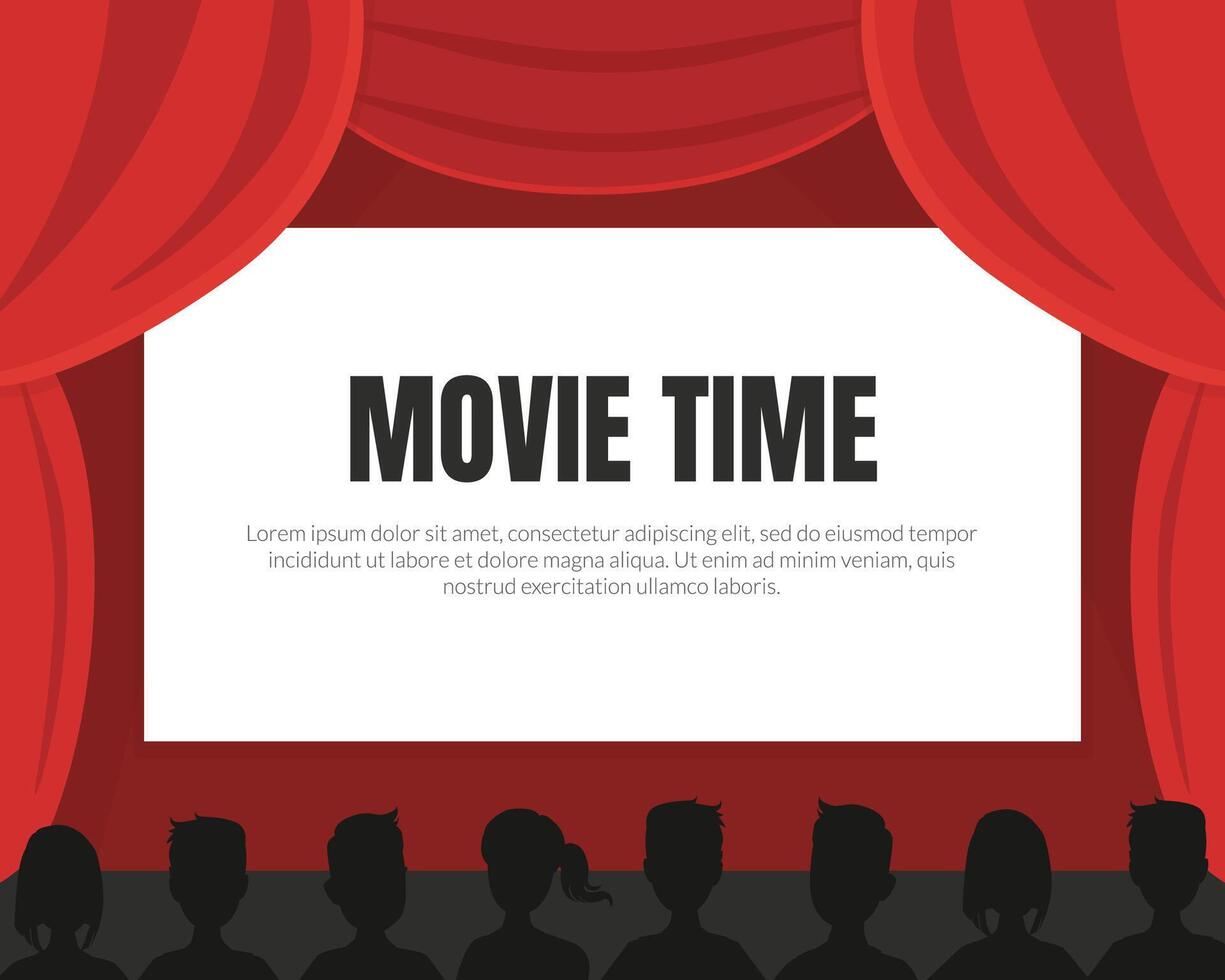 Movie Time Background with Space for Text, Cinema Red Curtains and Silhouettes of Viewers Illustration vector