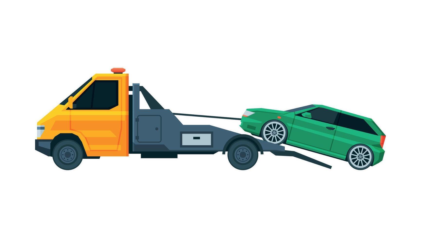Green Car Evacuating by Tow Truck, Road Assistance and Evacuation Service Flat Illustration vector
