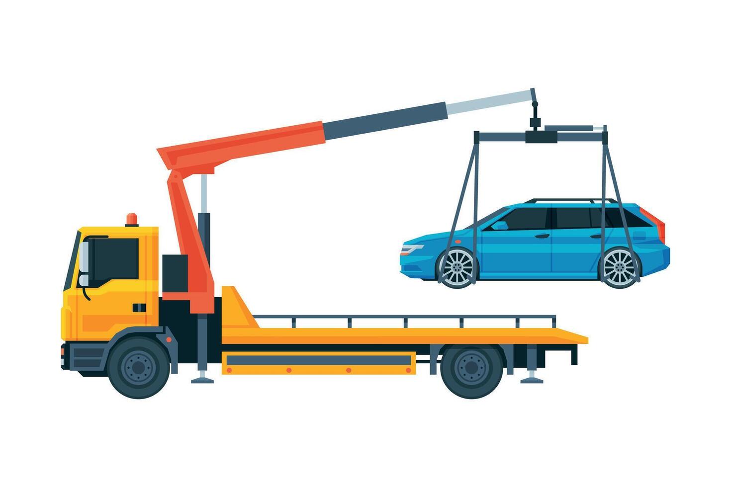 Tow Truck Evacuating Blue Car, Road Assistance and Evacuation Service Flat Illustration vector