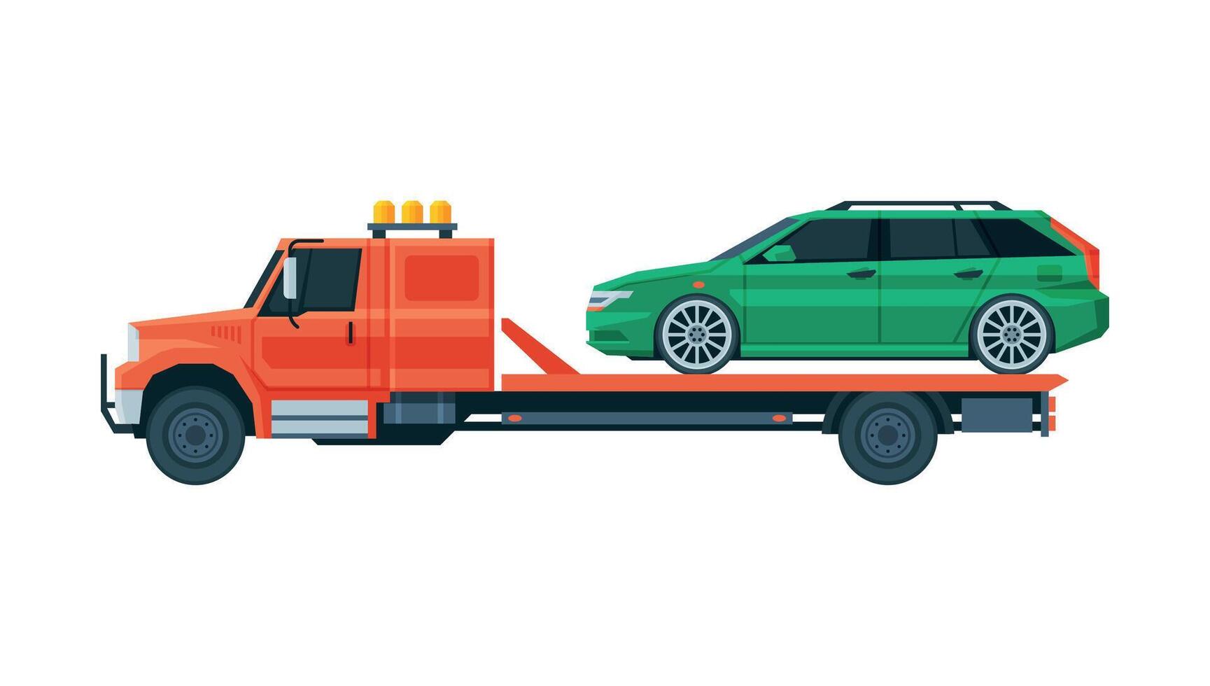 Green Car Transporting on Tow Truck, Roadside Assistance Service Flat Illustration vector