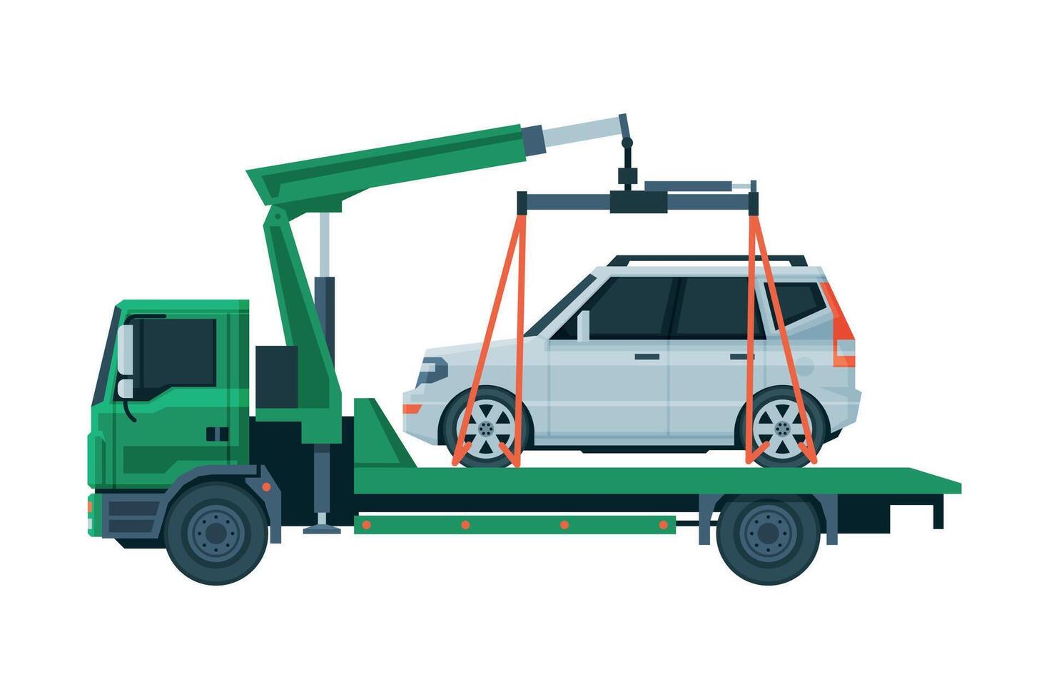 Tow Truck Evacuating White Car, Road Assistance and Evacuation Service Flat Illustration vector