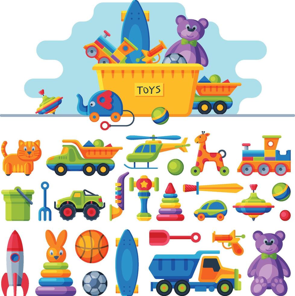 Cute Colorful Toys Collection, Box with Various Colorful Baby Toys Flat Illustration vector