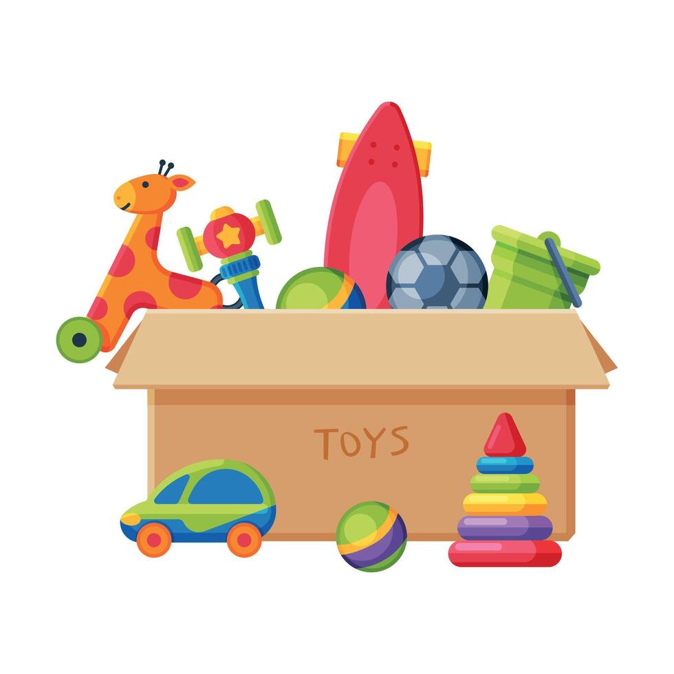 Cardboard Box with Various Colorful Toys, Plastic Container with Scateboard, Giraffe, Pyramid, Ball, Giraffe on Wheels Flat Illustration vector