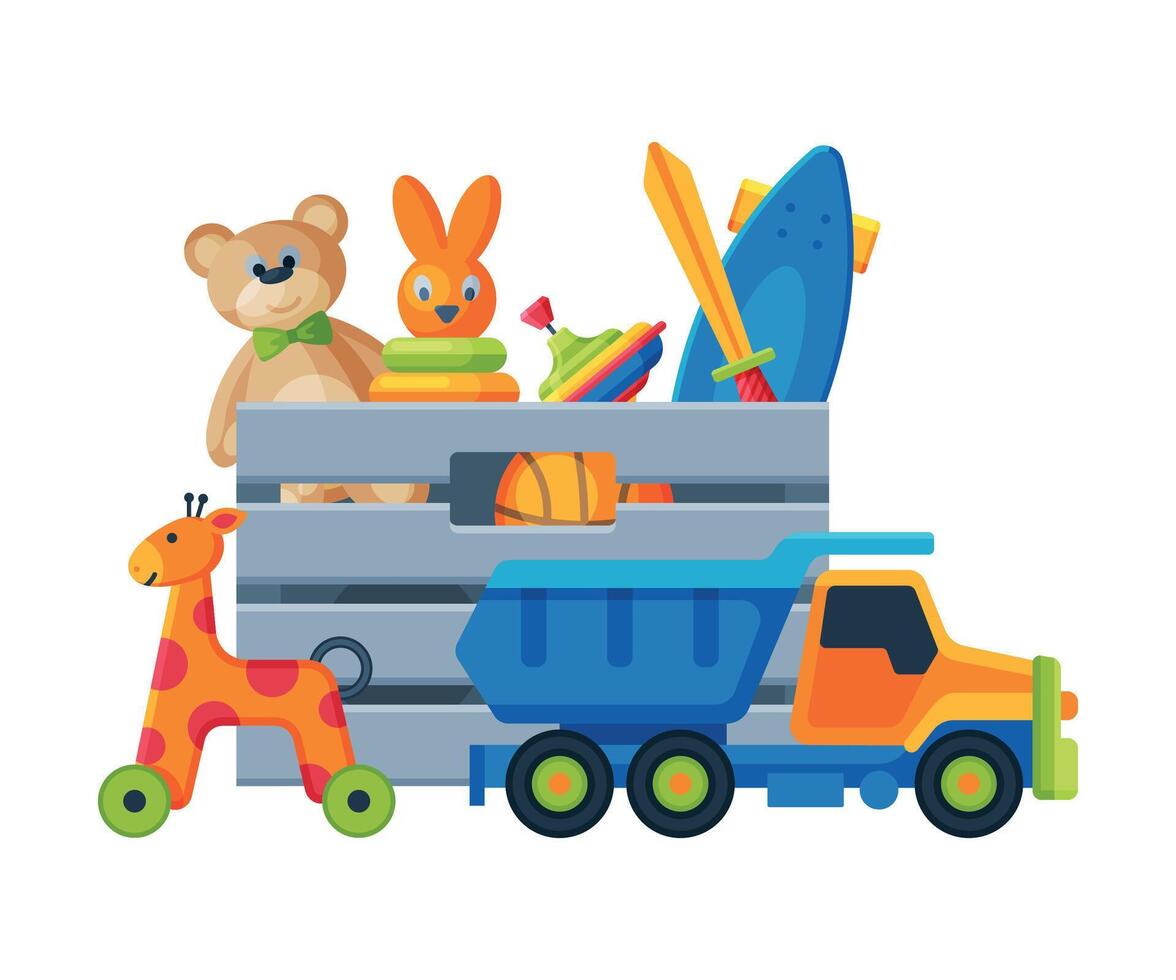 Box with Various Colorful Toys, Plastic Container with Truck, Teddy Bear, Scateboard, Pyramid, Giraffe on Wheels Flat Illustration vector