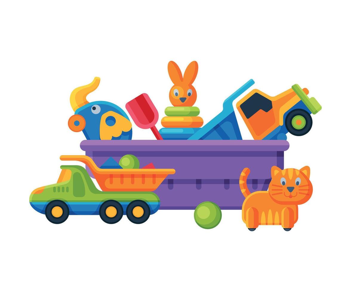 Box with Various Colorful Toys, Plastic Container with Pyramid, Cat and Elephant on Wheels, Truck, Shovel, Ball, Flat Illustration vector