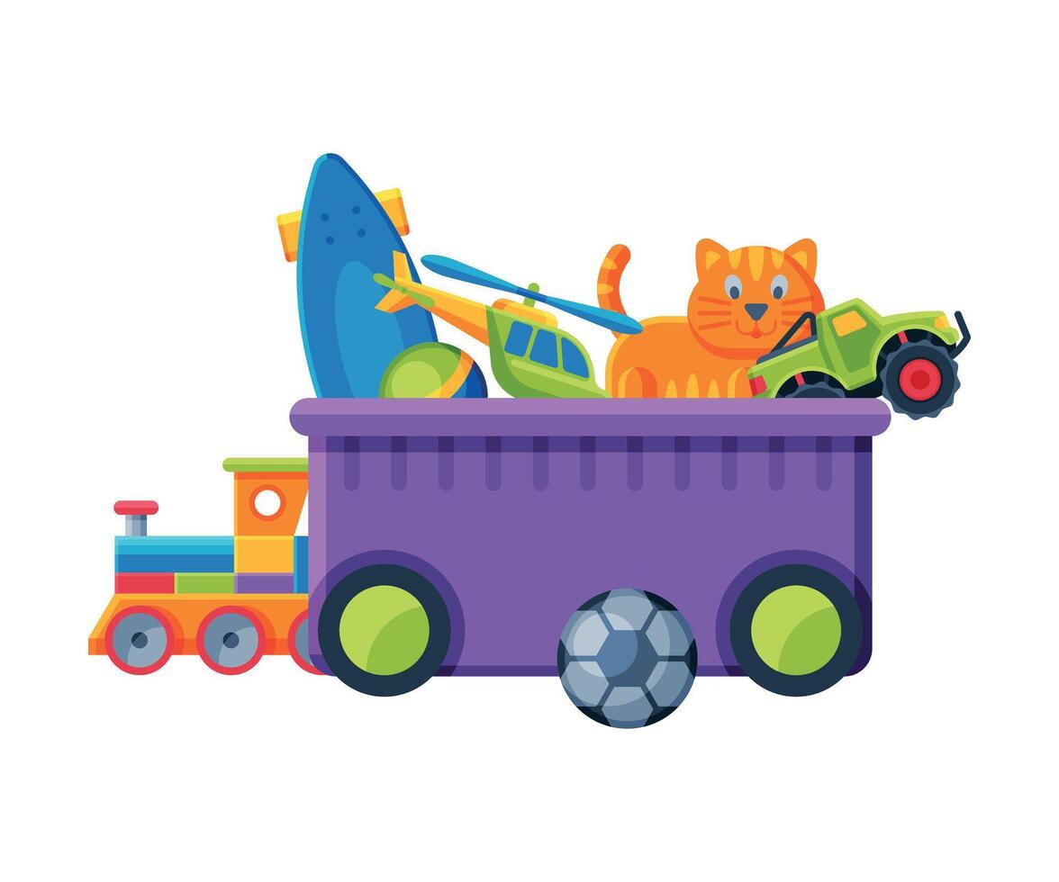 Box with Various Colorful Toys, Plastic Container with Cat on Wheels, Truck, Train, Ball, Scateboard Flat Illustration vector